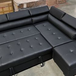 New! Black Sectional Sofa With Storage Ottoman, Sofabed, Sofa Bed, Black Sofa Bed, Sectional Sofa With Pull Out Bed, Faux Leather Sectional Sofa Bed