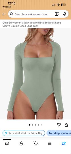 QINSEN Women's Sexy Square Neck Bodysuit Long Sleeve Double Lined Shirt Tops medium