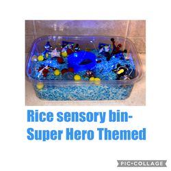 Rice Sensory Bin- Super Hero Themed