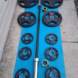 OLYMPIC 5 FT BAR / CLIPS /RUBBER COATED WEIGHTS 