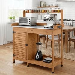 New Transplanting Work Table with Storage Cabinet Outdoor Wooden Garden Workstation w/ Metal Su