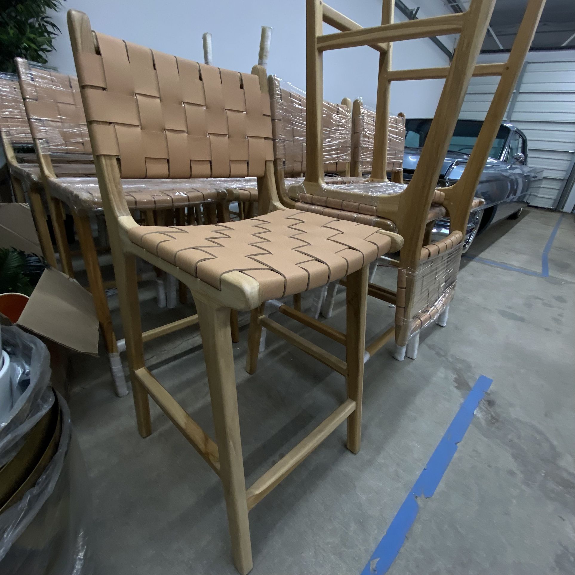 Woven Leather High Back Bar Stool