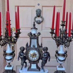 Antique Imperial Bronze /marble Clock With Candelabras Set Converted To Battery Operated 
