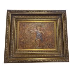19th Century Cherub in Motion” Signed Textured Oil Painting in Ornate Gilt Frame