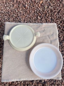 Vintage Fire King Glass Casserole Set – Rare Ivory Trivet & Peach Luster Pan retro MCM farmhouse bakeware