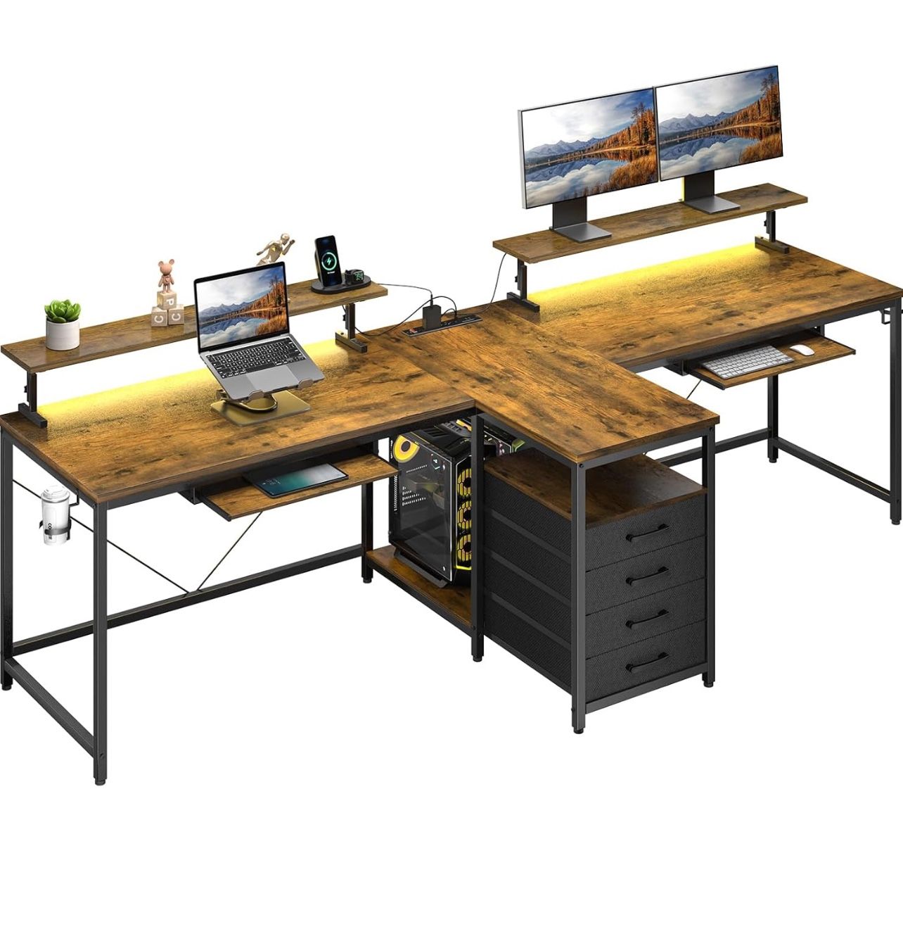 2 Person Desk with Power Outlet & LED Lights, Extra Long 94.5 Inch Computer Desk with Storage Shelves and Monitor Stand for Home Office, Double Gaming
