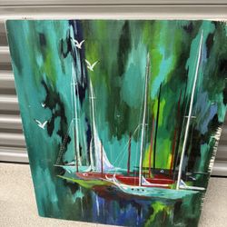 abstract marine art, featuring sailing boats and yachts. The painting uses bold strokes and vivid colors, applied with a palette knife, to create dyna