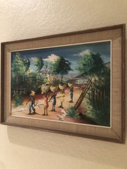 Mid 1900s Antique Caribean / Haitian Folk art Original Signed Painting On Board