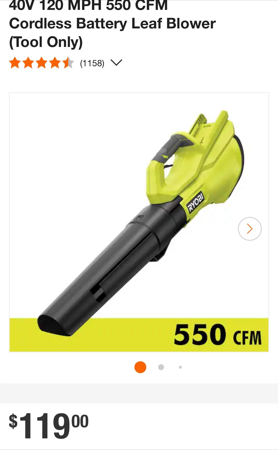 RYOBI 40V 120 MPH 550 CFM Cordless Battery Leaf Blower (Tool Only)