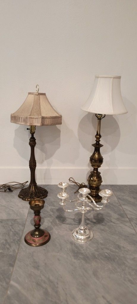 Vintage Table Lamps Antique 32" Tall & 30" Tall, Bronze Candleholder & Silver Candelabra - Take All For $15 Total