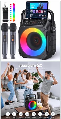 Karaoke Machine, Portable Bluetooth Speaker with 2 Wireless Microphones for Adults & Kids with Lights, Karaoke Microphone with PA System Supports USB/