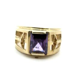 Men’s 14k Yellow Gold Emerald Cut Purple Stone With Cross Detail Pinky Ring Size 6.5 GP3113448