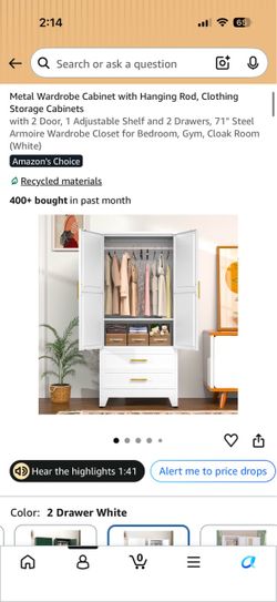 White Metal Wardrobe Cabinet with Hanging Rod and Drawers