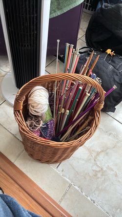 Large Knitting Needle Collection with Basket and Scrapt Yarn
