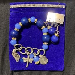 Blue And Silver Charm Bracelet With Matching Earrings 