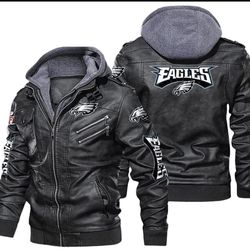 Mens Philadelphia Eagles Black Hoodie Leather Jacket, NFL Sticker Patch Gear