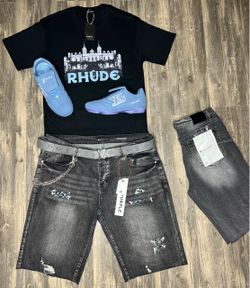Louis Vuitton Sneakers with Purple Label jorts and Rhude shirt brand new