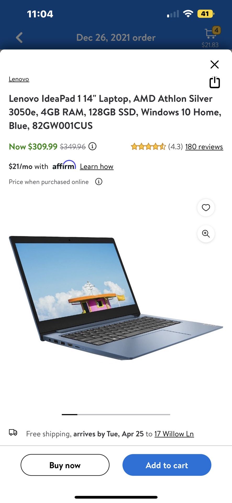 Lenovo 14" Laptop, AMD Athlon Silver (with charger)