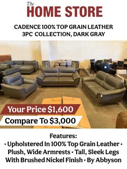 CADENCE 100% TOP GRAIN LEATHER 3PC COLLECTION, DARK GRAY