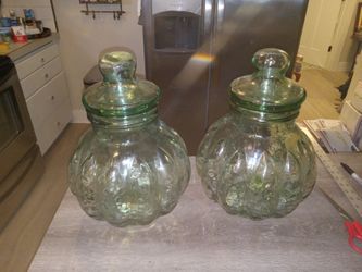 Two Large Green Glass Pumpkin Shaped Jars With Lids