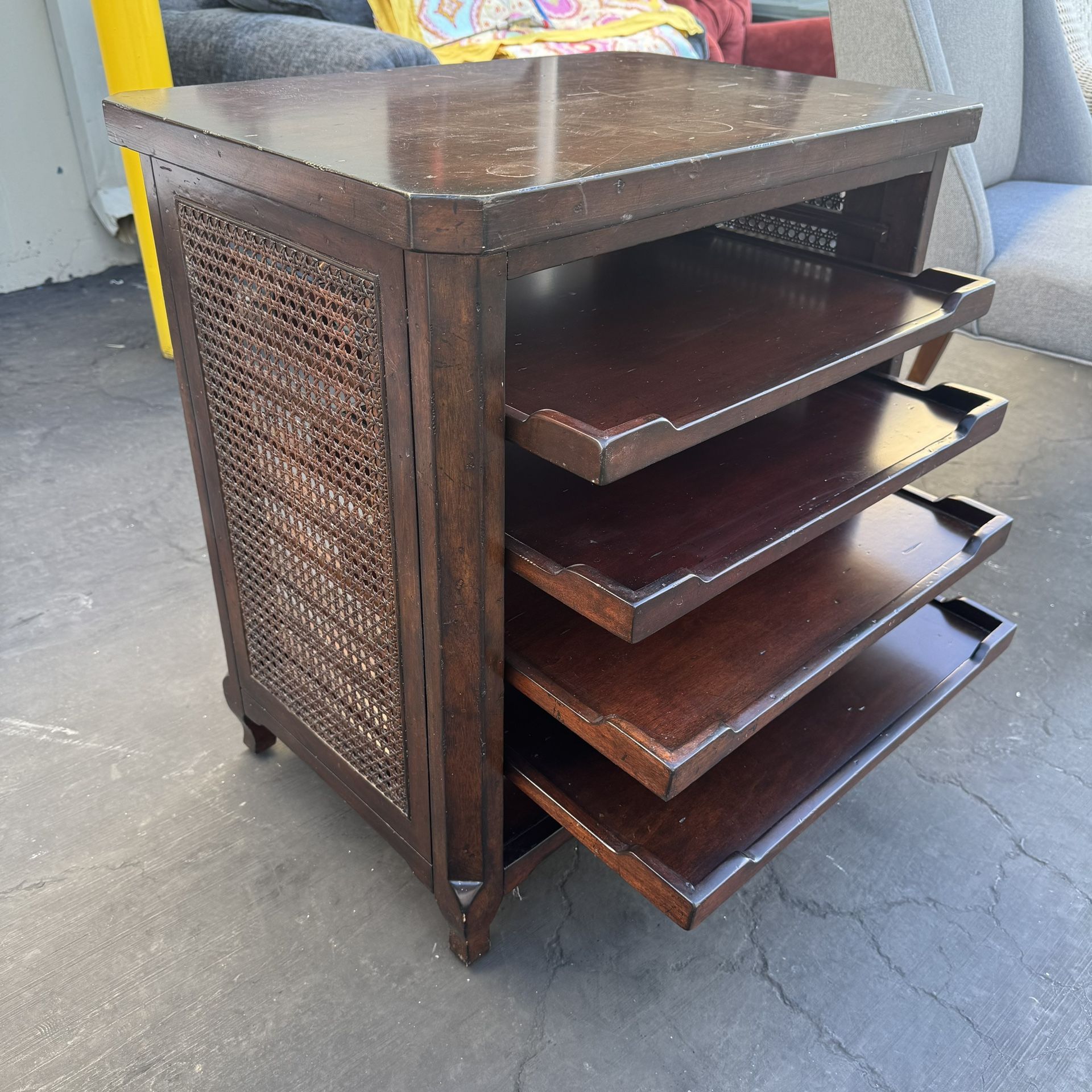 Vintage Solid Wood Rattan Cabinet Table with Slide Out Shelves