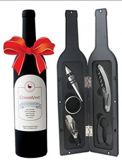 ConserVino 5 Piece Wine Gift Set Bottle Shaped Deluxe Accessory Kit Novelty Hostess Tool Kit Christmas Holiday Gift Bottle Opener Corkscrew Foil Cutte