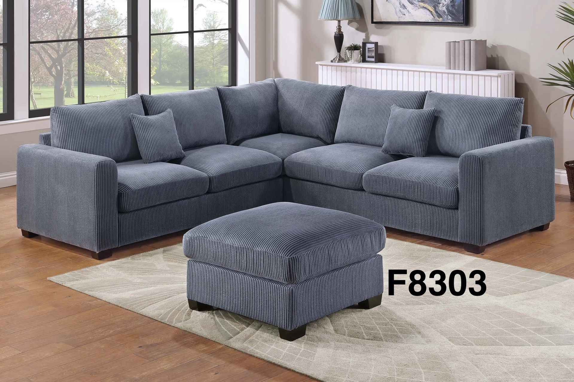 GREY CORDUROY SECTIONAL SOFA WITH OTTOMAN 