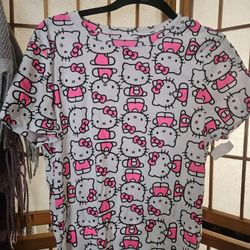 SANRIO HELLO KITTY ALL OVER HOT PINK GIRLS TOP PULLOVER T-SHIRT X-LARGE, brand New