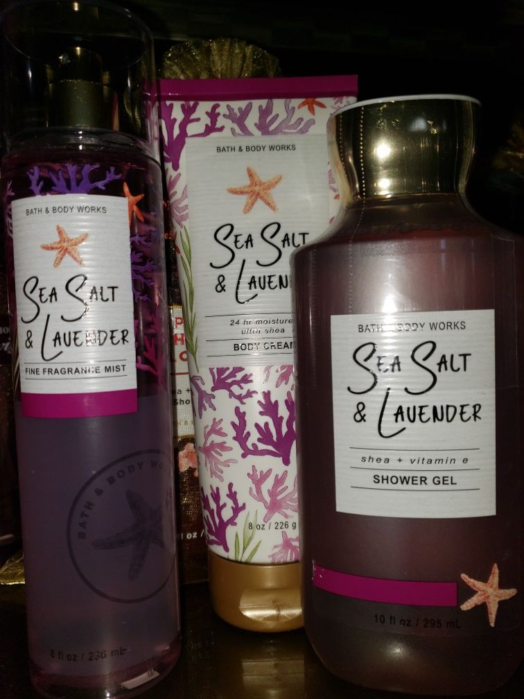 4 pc NEW Bath & Body Works SEA SALT LAVENDER Gift Set **Originally$55** FRAGRANCE MIST SPRAY + BODY LOTION + Shower Gel + Gift organza Bag