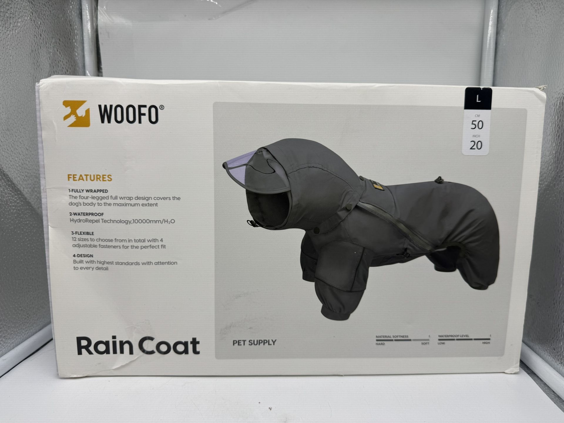 WOOFO Full-Coverage Dog Raincoat, Lightweight, Comfortable, Adjustable & Easy to Wear Dog Rain Jacket, Detachable Cap, Reflective Strip (Grey, Large