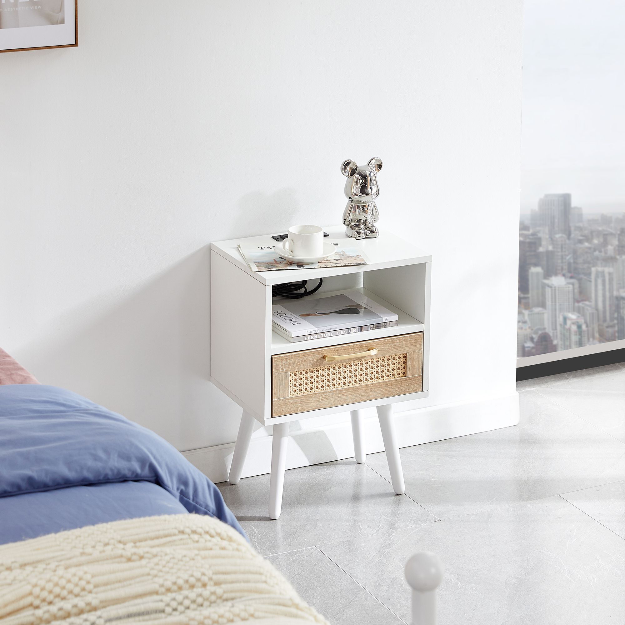15.75 Rattan End table with Power Outlet & USB Ports , Modern nightstand with drawer and solid wood legs, side table for living room, bedroom, white