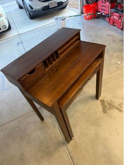 Compact Wood Writing Desk with Pull-Out Extension & Hutch