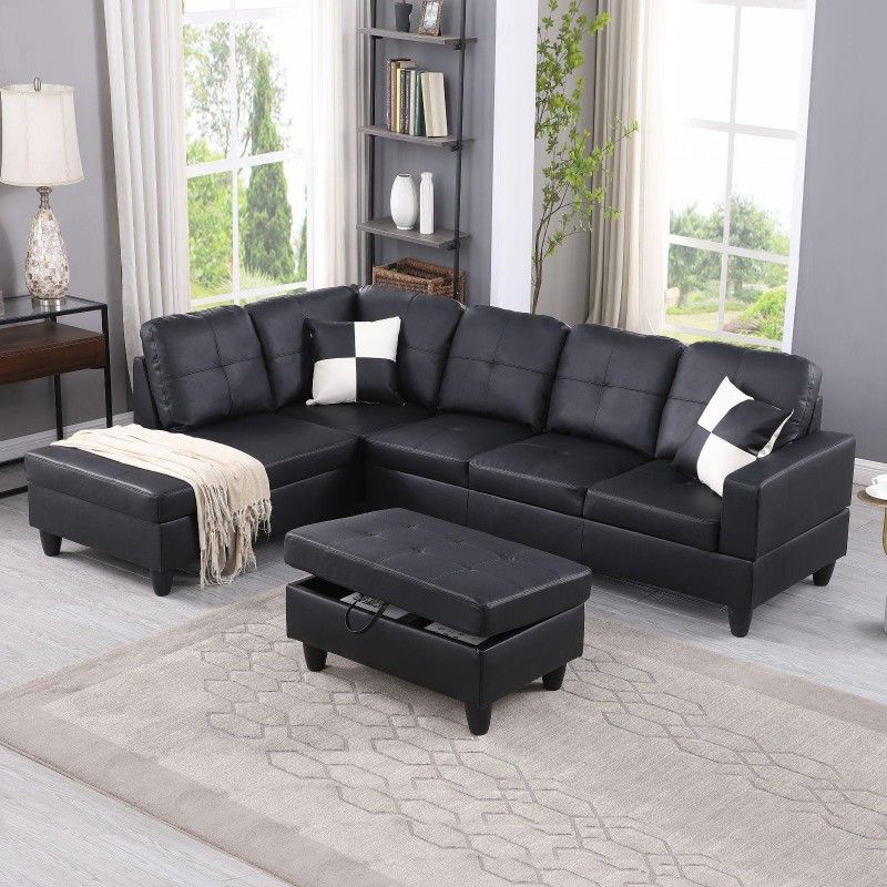 Black bonded leather sectional couch household living space footrest collection furnishings for sale near me