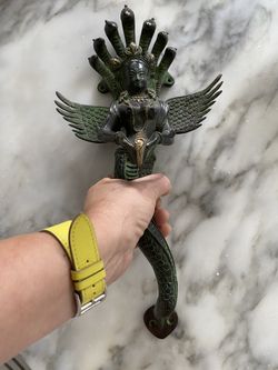 Old Tibet Buddhism Temple Bronze 7 Snake Heads Naga Kanya Kwan-yin Buddha Statue