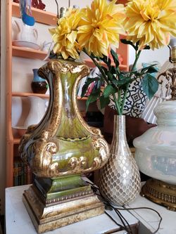 Huge Mid Century Avocado and Gold Lamp