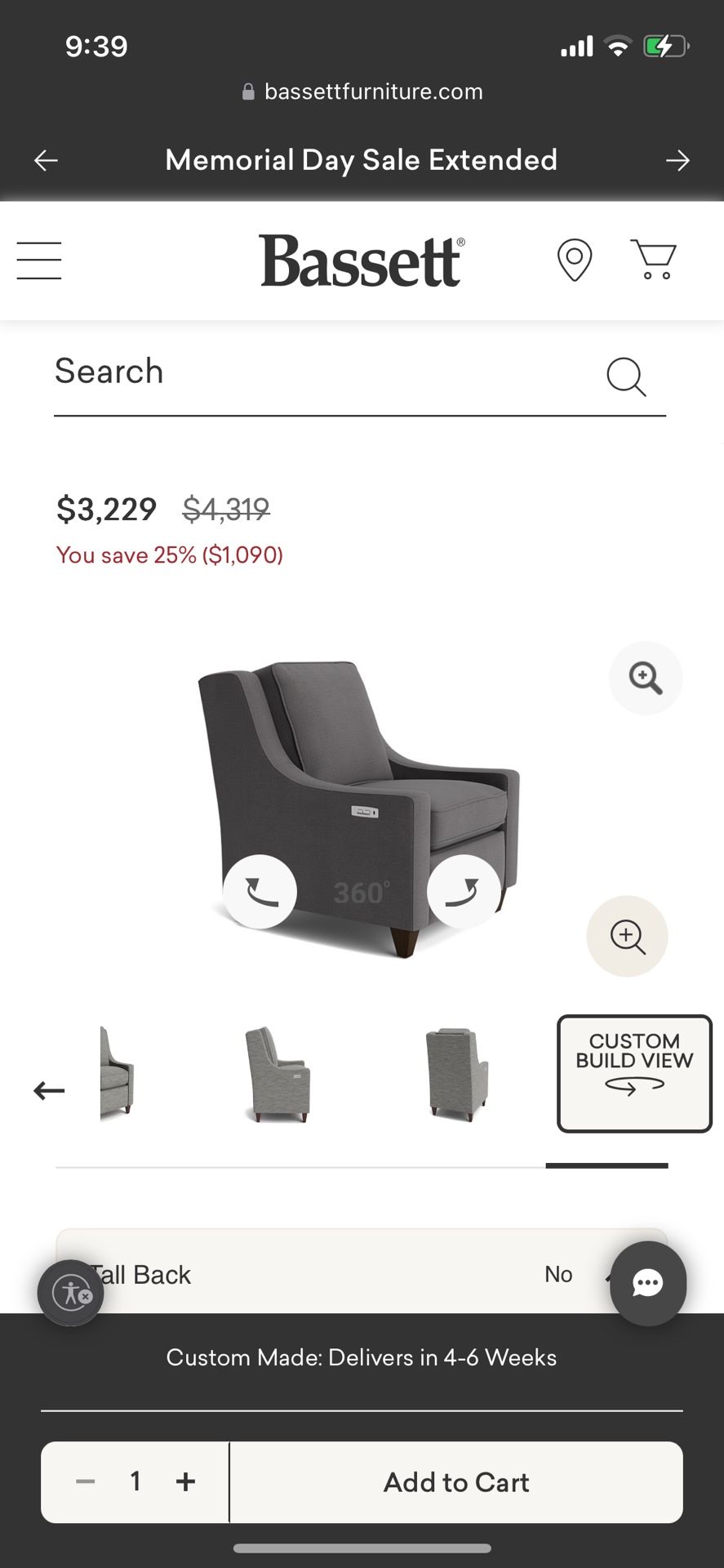 Bassett Magnificent Motion Slope Arm Power Wall Recliner