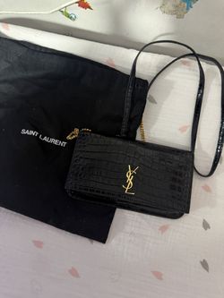 Saint Laurent Cassandre Phone Holder in Shiny Crocodile-Embossed Leather