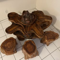 Wooden Buddha Accent Table With Stools