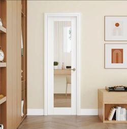 24 in. x 80 in. 1-Lite Mirrored Glass Solid Core White Primed MDF Paintable Interior Door Slab No Hardware Included