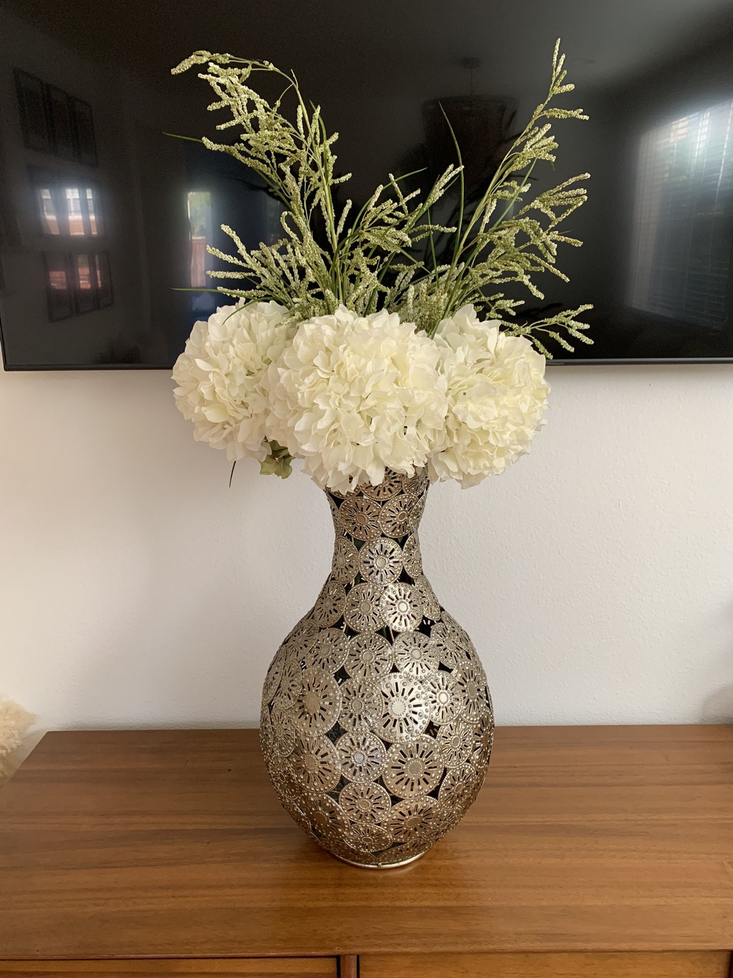 Pier 1 Silver Vase & Faux Flowers