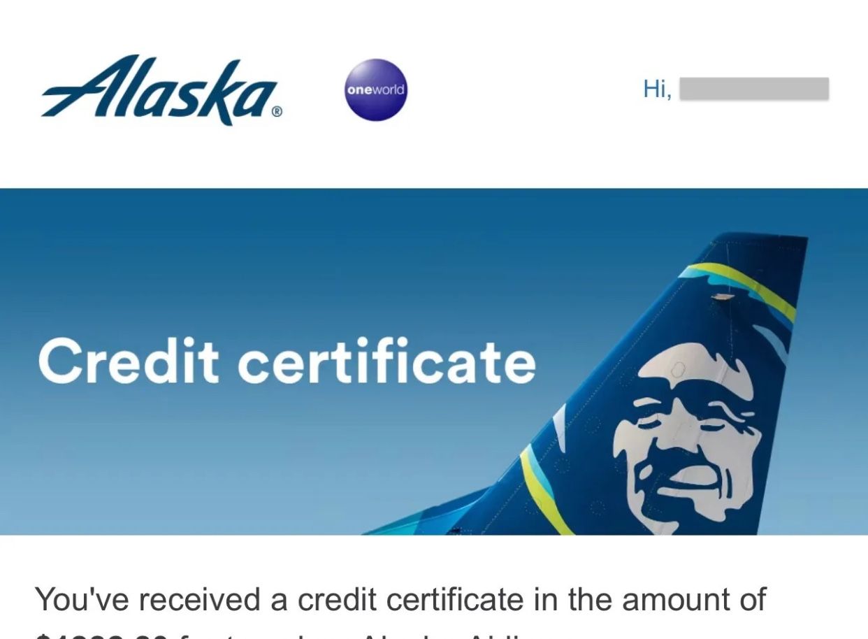 Alaska Airlines Travel Credit certificate for flights $232.96