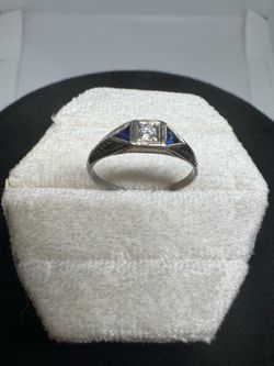Antique Art Deco 1920s 14K White Gold Natural Sapphire & Diamond Ring Size 5.75