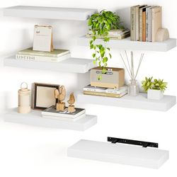 New 15.8in White Floating Shelves, Set of 6 Wood Shelves, Farmhouse Shelf Wall Decor for Bathroom, Bedroom, Living and Kitchen Room