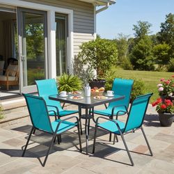 5 Pcs Outdoor Dining Table & Chair Set, Square Glass Table W/ Umbrella Hole and 4 Chairs, Outdoor Patio Furniture for Garden and Backyard
