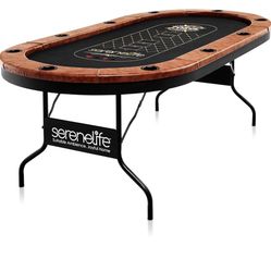 SereneLife 10-Player Oval Foldable Poker Table - Casino Texas Holdem Table with Water-Resistant Cushioned Rail, 10 Cup Holders, Brown Felt Surface, Bl