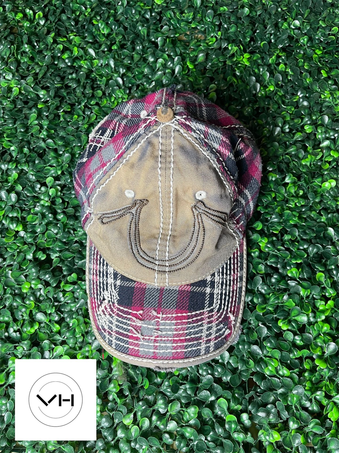True Religion Distressed Style Strapback Trucker Baseball Cap Hat Plaid