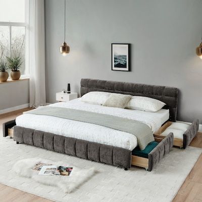 California King Size Upholstered Bed Comfortable Upholstered Bed Frame Chenille Fabric Headboard Drawer - Grey brand new in box $300 Warehouse Addres