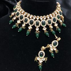 Monalisa Green Kundan Necklace Choker Set Indian Bollywood Pakistani Jewellery Set 