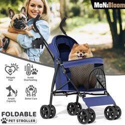 4 Wheels Pet Stroller, Easy-Fold Puppy Cage Jogger Stroller with Sun Cover, Pad and Rear Storage Bag, Breathable and Visible Mesh for Small/Medium Pet