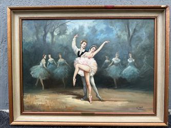 Vintage Italian Oil Painting Ballet Dancers Signed Vidal Framed Canvas